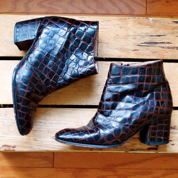 Vintage Shoes - Vintage Brown Croc Ankle Boots Sz 7.5